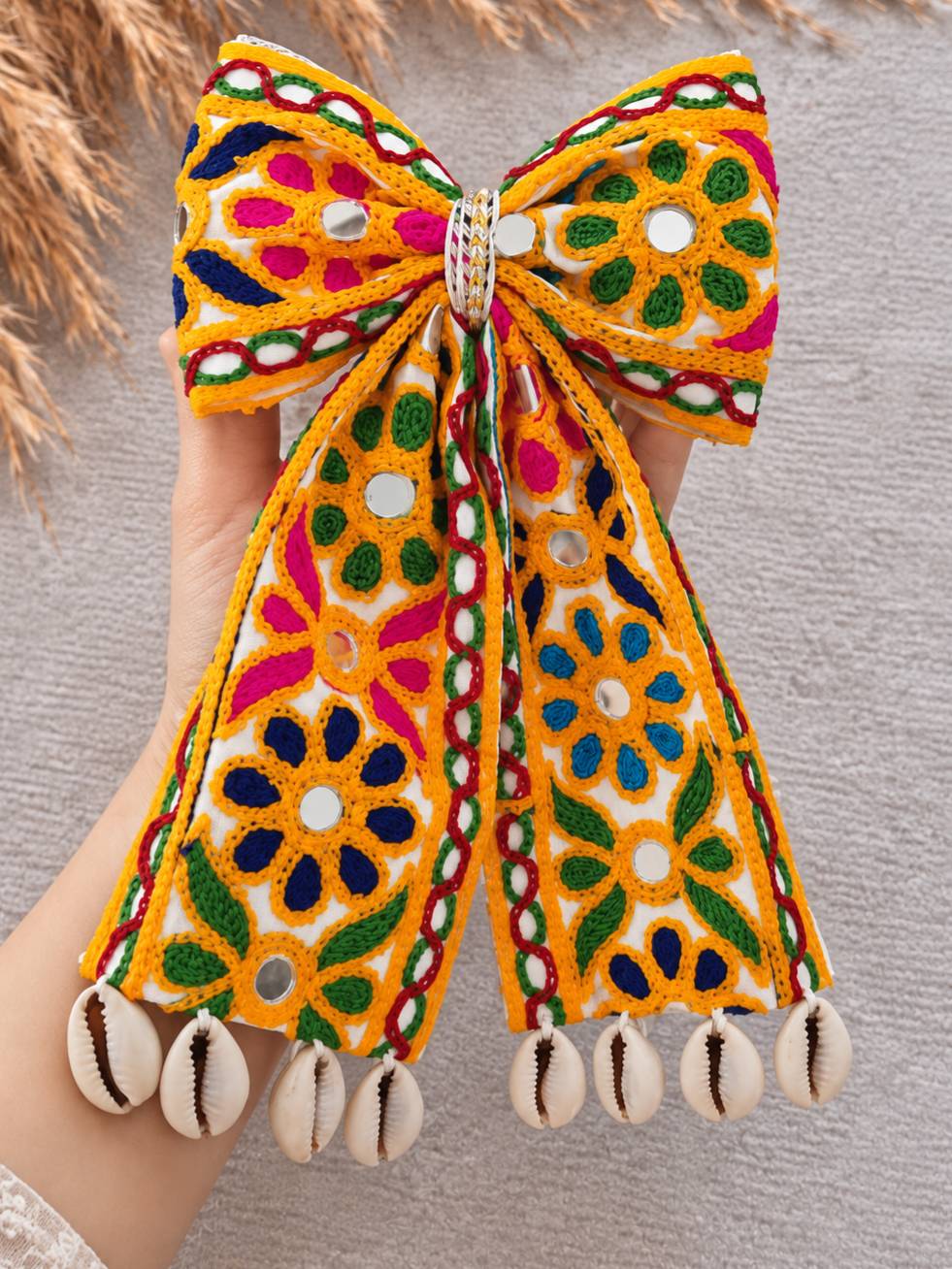 Embroidered Mirror Work Hair Bow Clip with Cowrie Shells