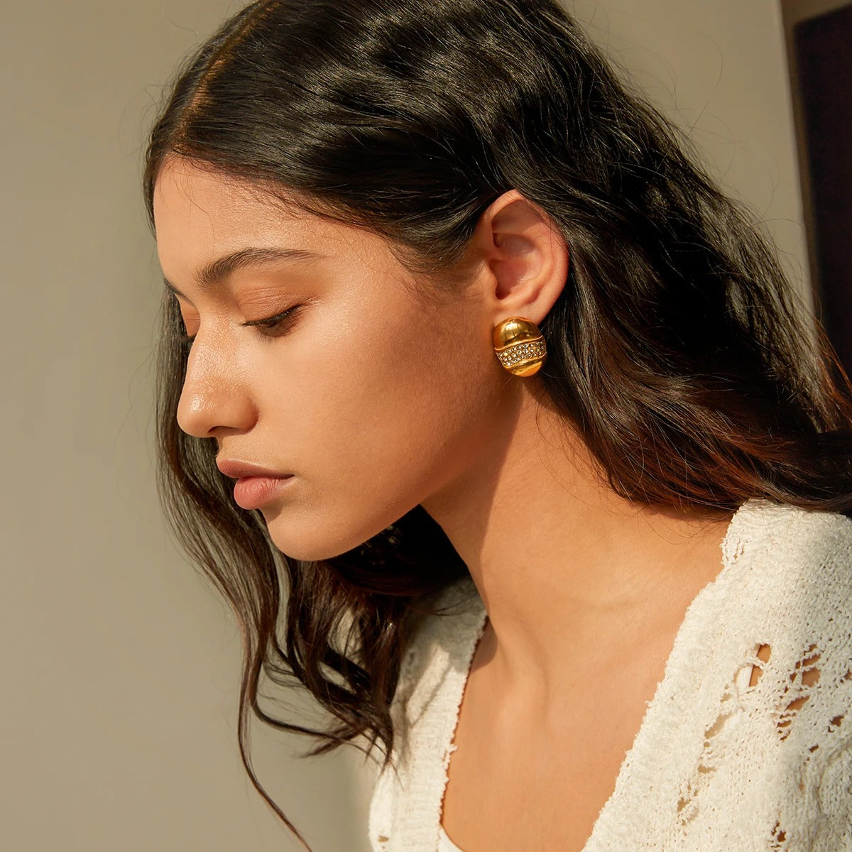 Diamond studded golden dome earrings with polished finish, modern statement jewellery ideal for daily & party style.
