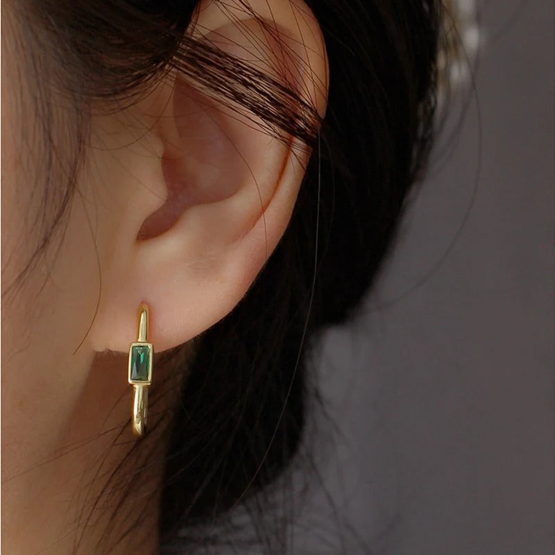 Minimal gold plated drop earrings with green stone, elegant lightweight jewellery for women suitable for office and daily wear