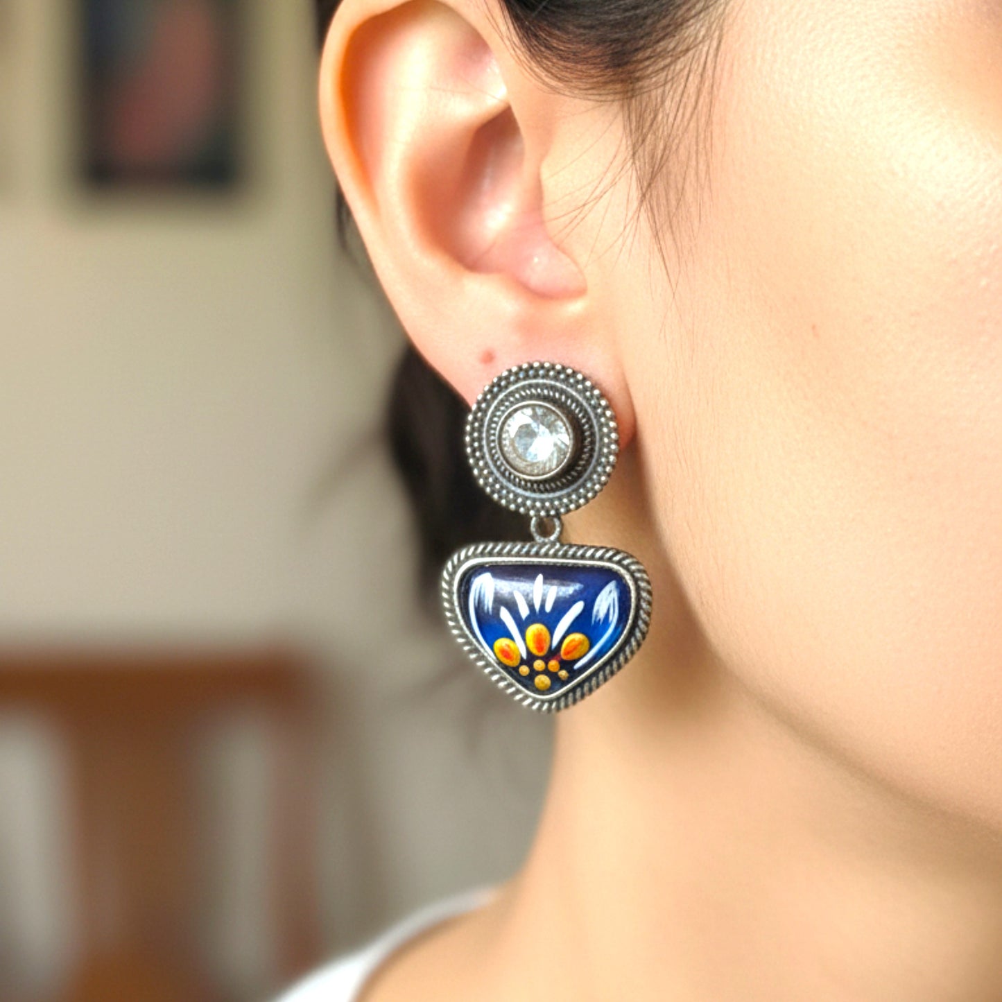 Visvadipti Handpainted Embellished Oxidised Jhumka Statement Earrings