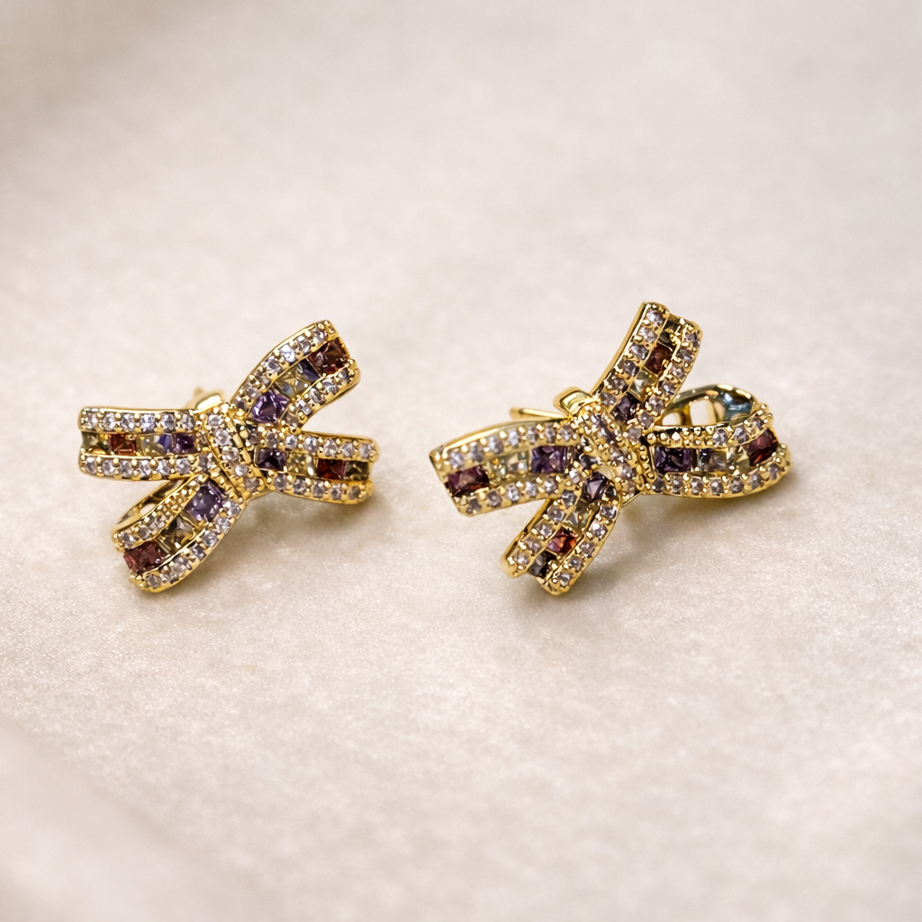Golden Bow Rainbow crystal Earrings