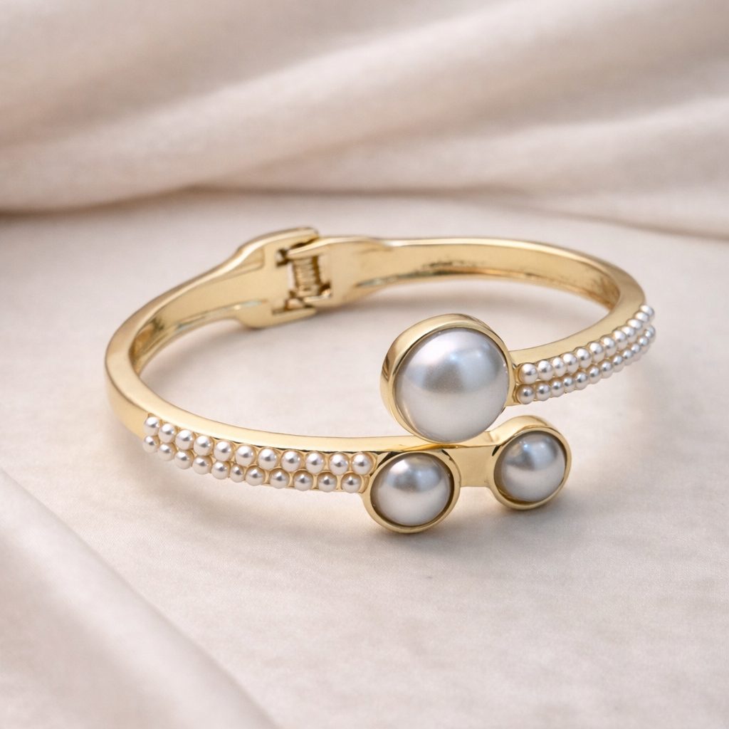 Golden Textured Crystal & Pearl Statement Cuff Bracelet