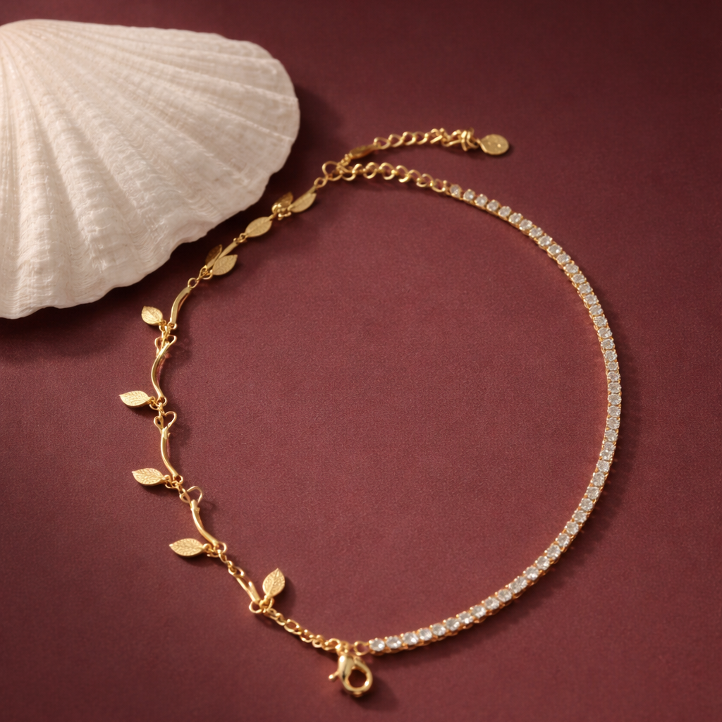 Golden Leaf & CZ Crystal Anklet