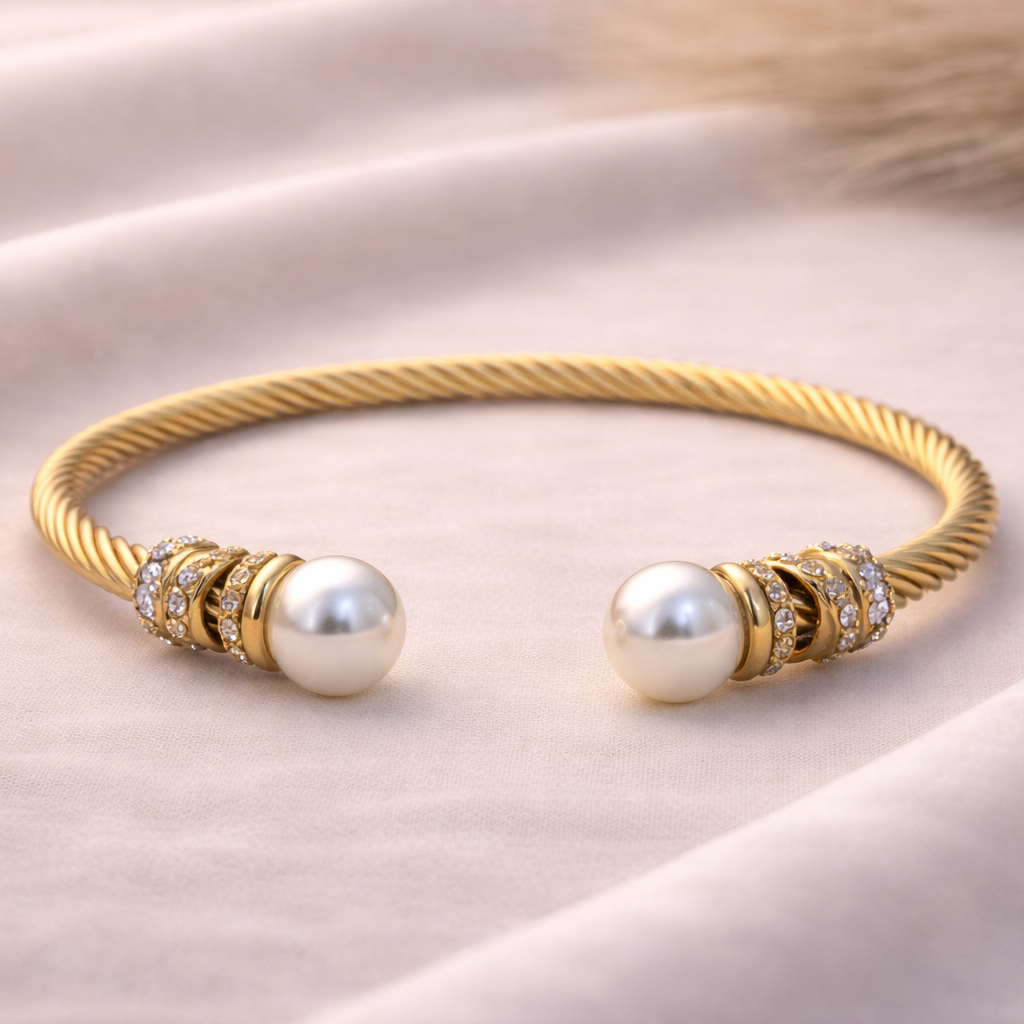 End Twisted Cable Gold Pearl Bangle