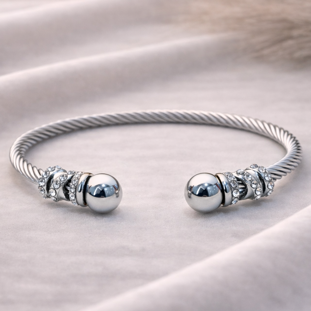 Cable with Crystal Accents Silver Cuff Bracelet