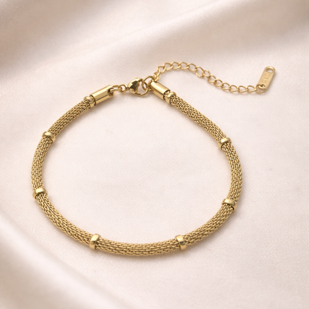 Elara Gold Mesh Bolo Bracelet with Station Beads