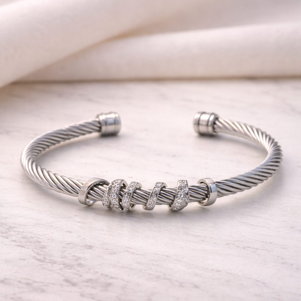Twisted Wire with Pavé Crystal Accents Silver Cuff Bracelet