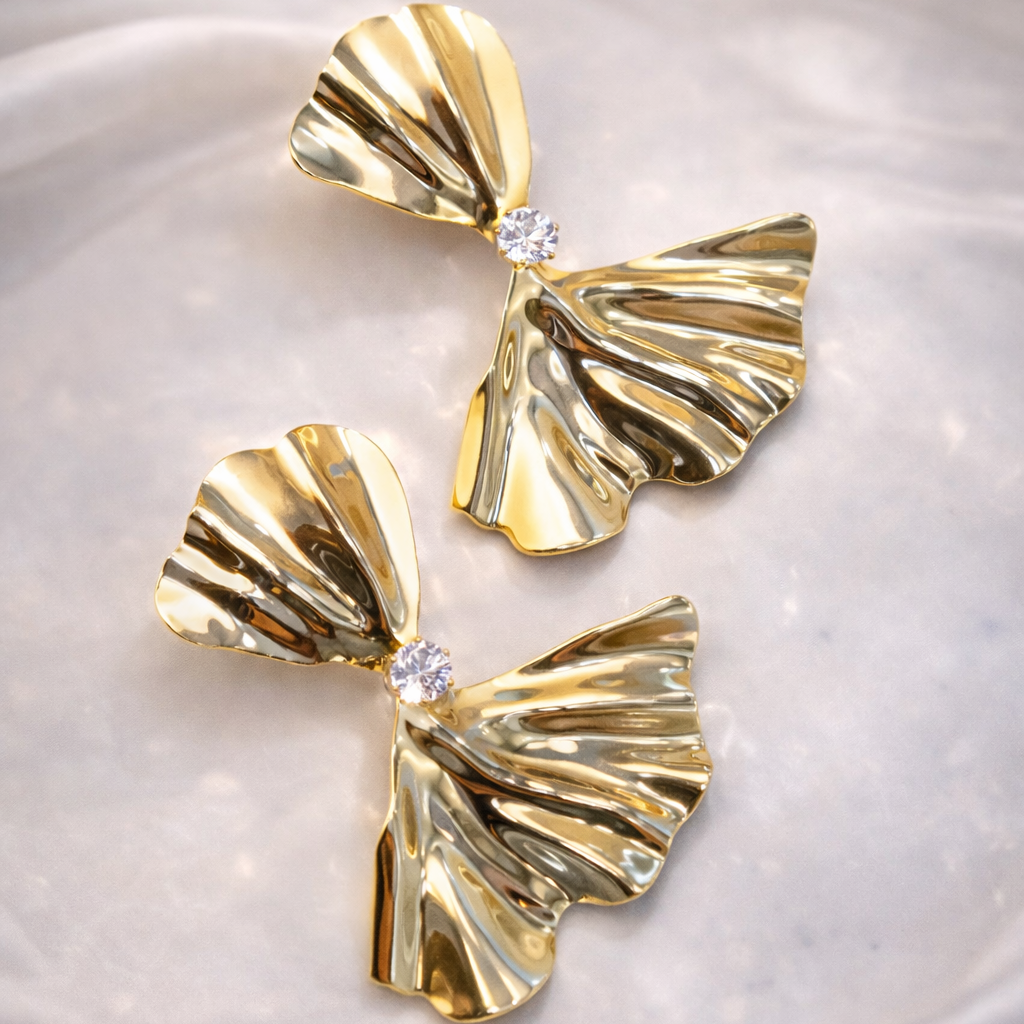 Gold Fan Cubic Zirconia Statement Earrings