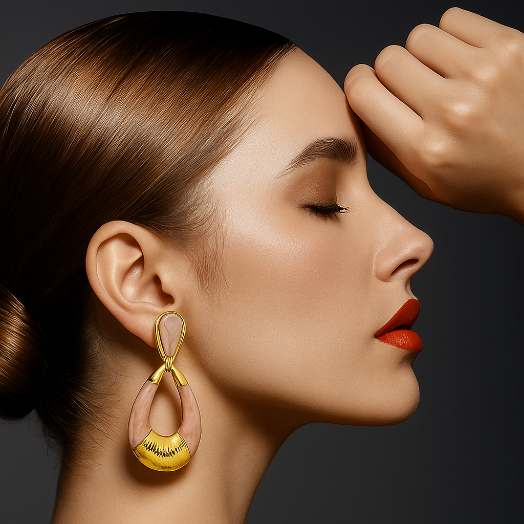 Close-up of a woman's profile with a hand touching her hair, wearing gold earrings.
