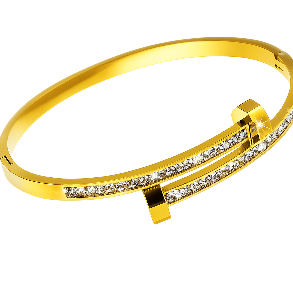 A gold-colored bracelet with diamond-like stones set along its length.