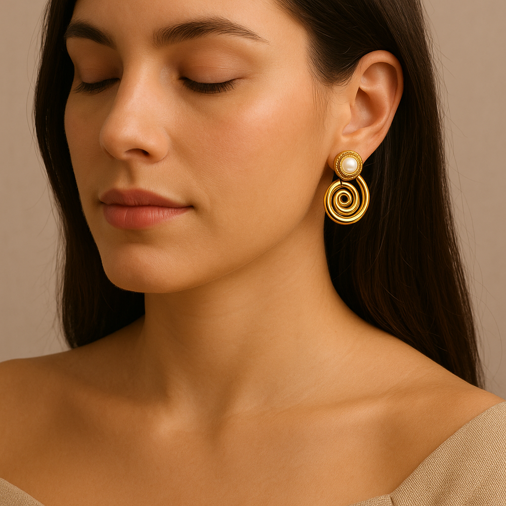 Close-up of a woman wearing gold spiral earrings against a neutral background