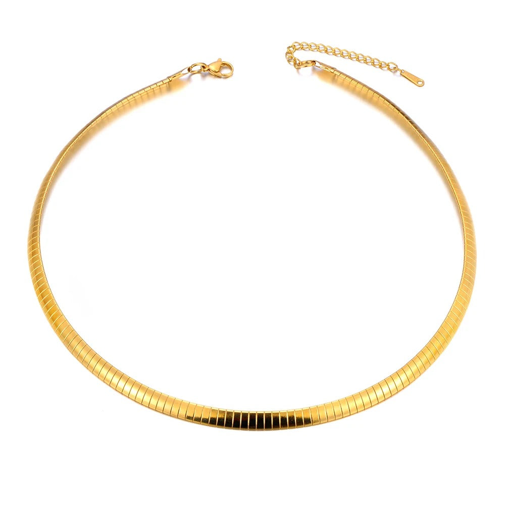 Elegant gold choker necklace with sleek flat design and adjustable chain clasp.