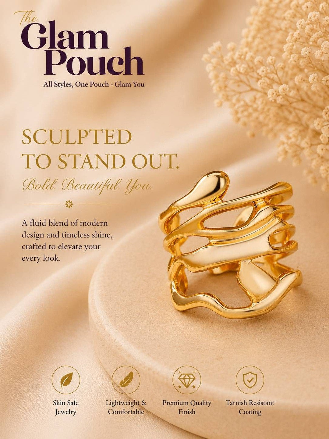Wide Sculptural Molten Gold Stackable Ring