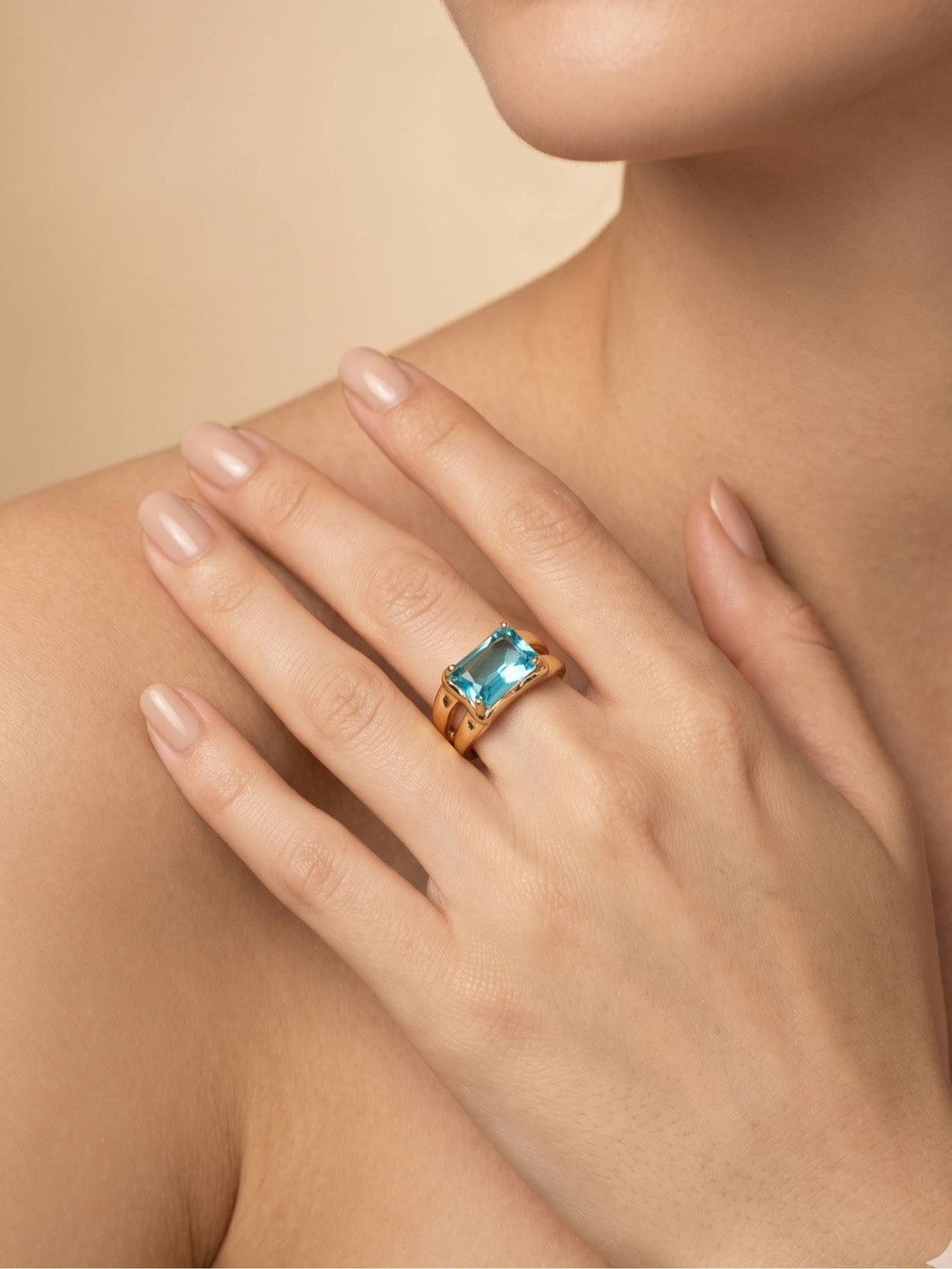 Classic Solitaire Aqua Blue Rectangle Stone Ring