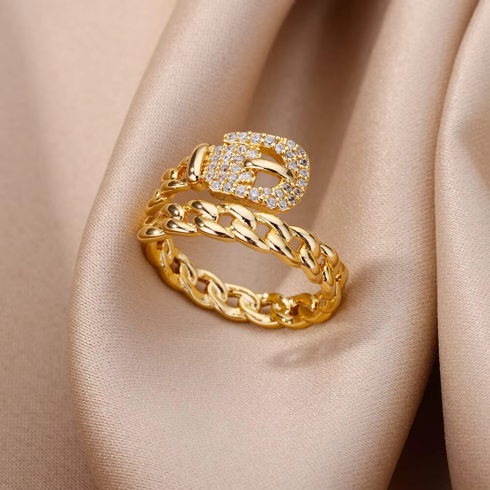 Edgy Pave Buckle Chain Wrap Stackable Ring