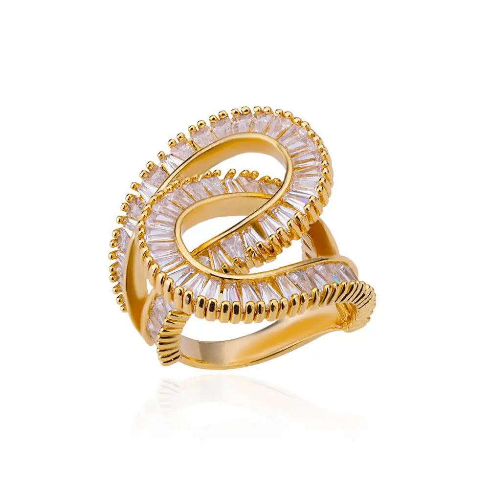 Sculptural Triple Spiral Baguette Gold Statement Diamond Ring