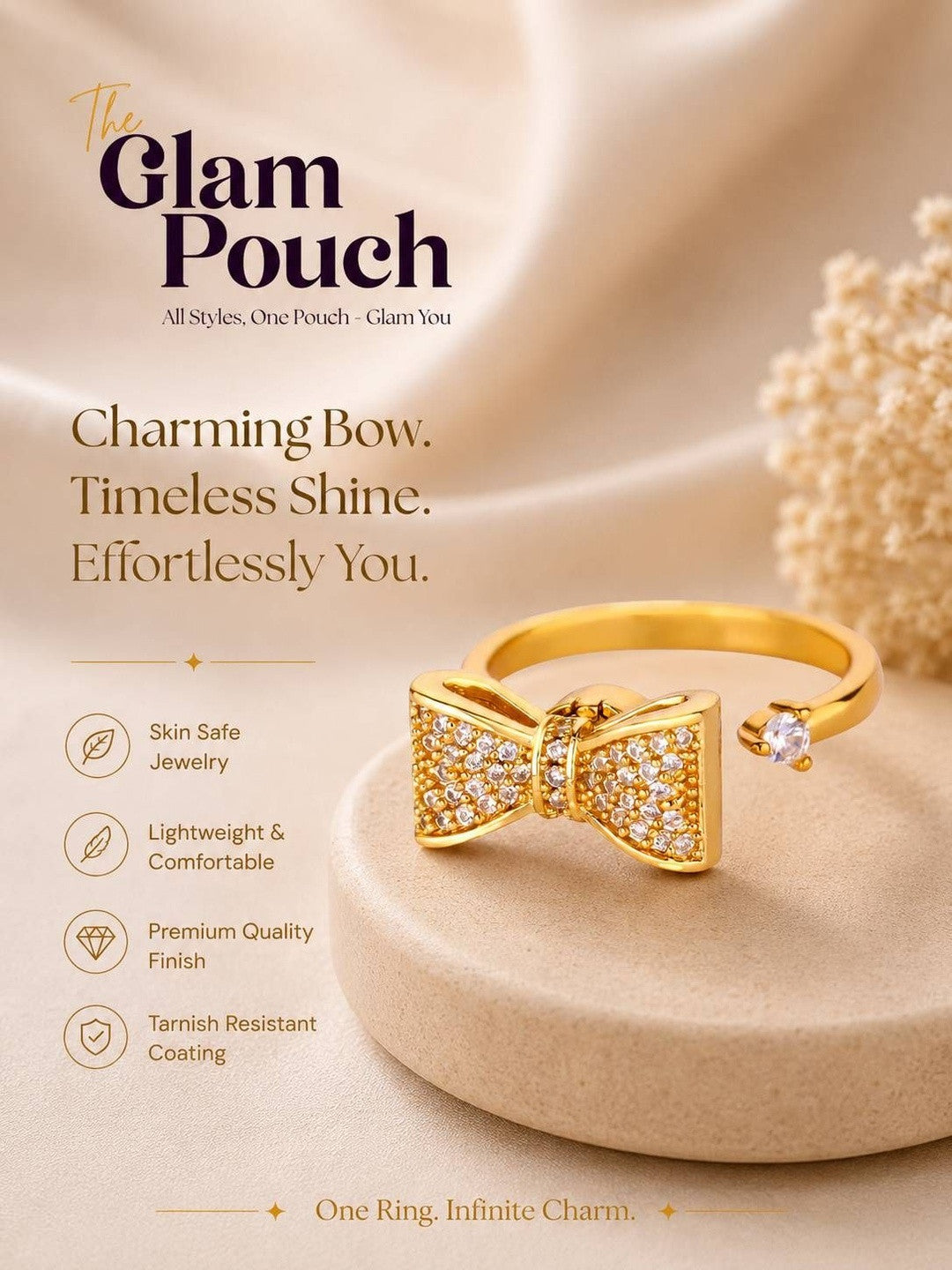 Glam Pave Bow Adjustable Solitaire Diamond Gold Ring
