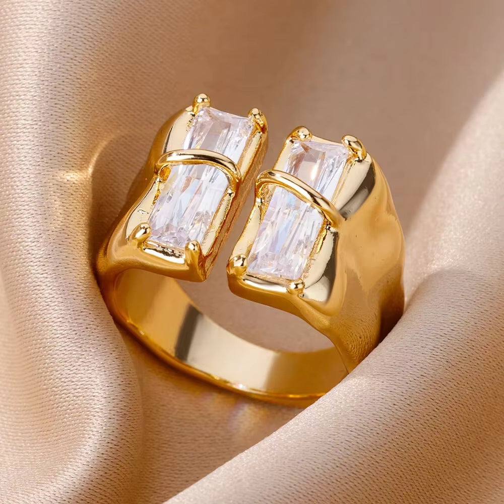 Bold Dual Baguette Cubic Zirconia Open Wide-Band Statement Diamond Ring