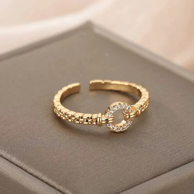 Delicate Textured Linked Buckle Stackable Gold Band Ring