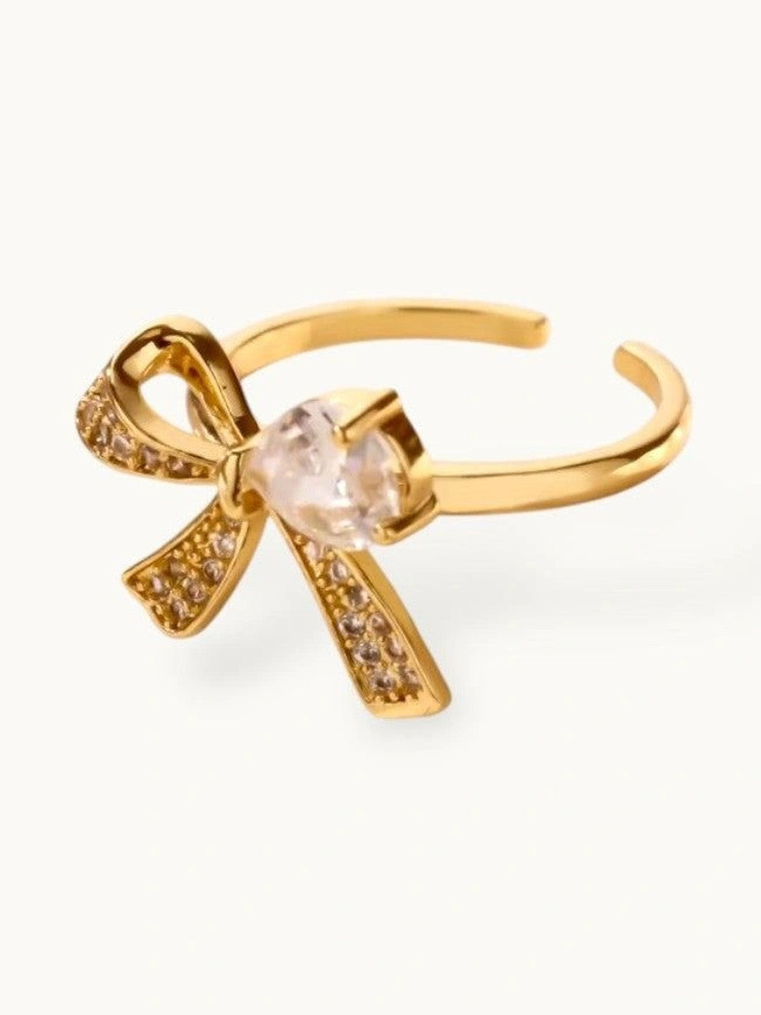 Delicate Pave Bow & Solitaire Adjustable Gold Plated Diamond Ring