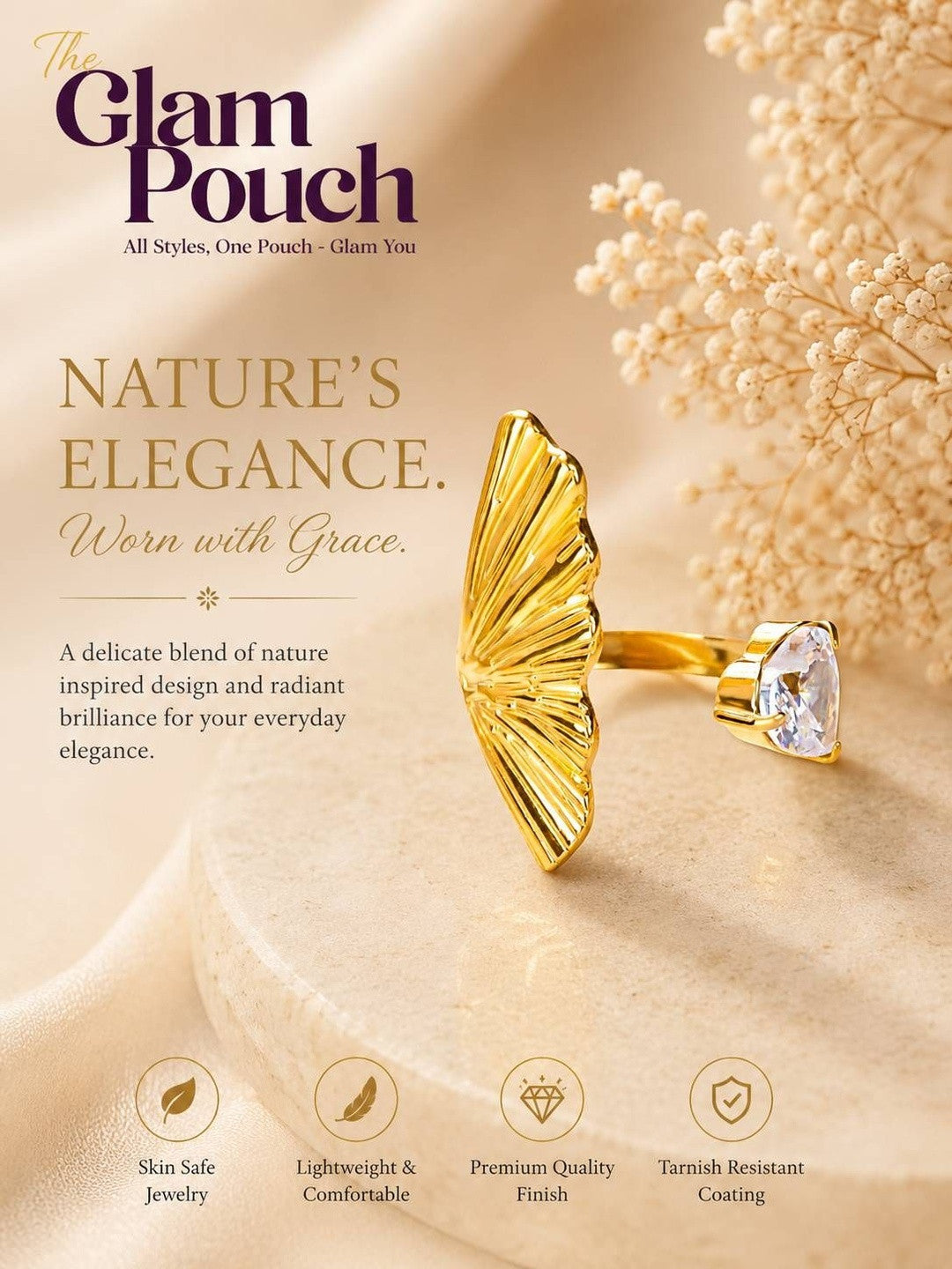 Asymmetric Fan & Pearl Solitaire Statement Ring