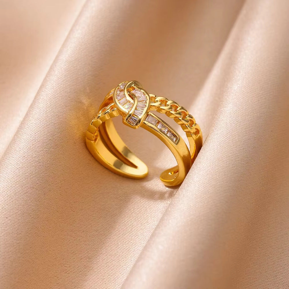 Chic Knot Chain & Baguette Stackable Gold-Plated Diamond Ring
