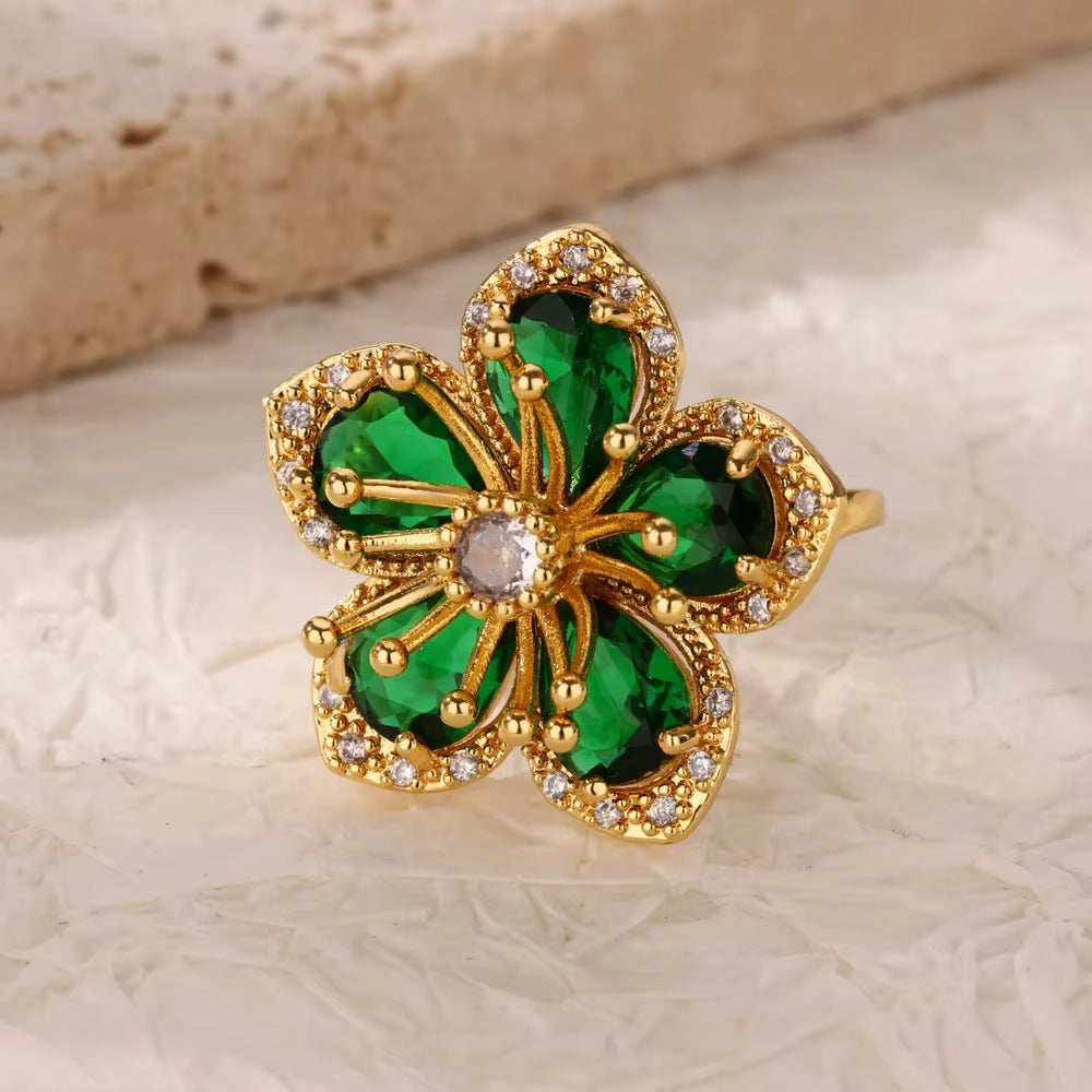 Opulent Emerald Pave Halo Floral Cocktail Statement Ring