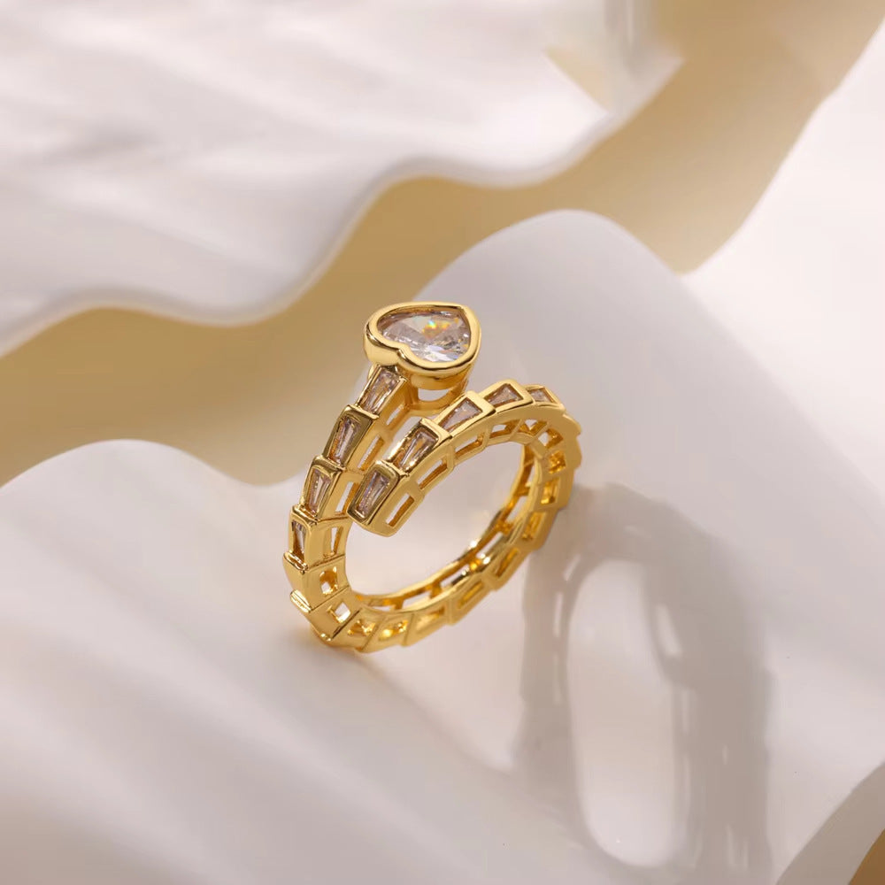 Heart Shaped Solitaire Baguette Serpent Wrap Gold Diamond Ring