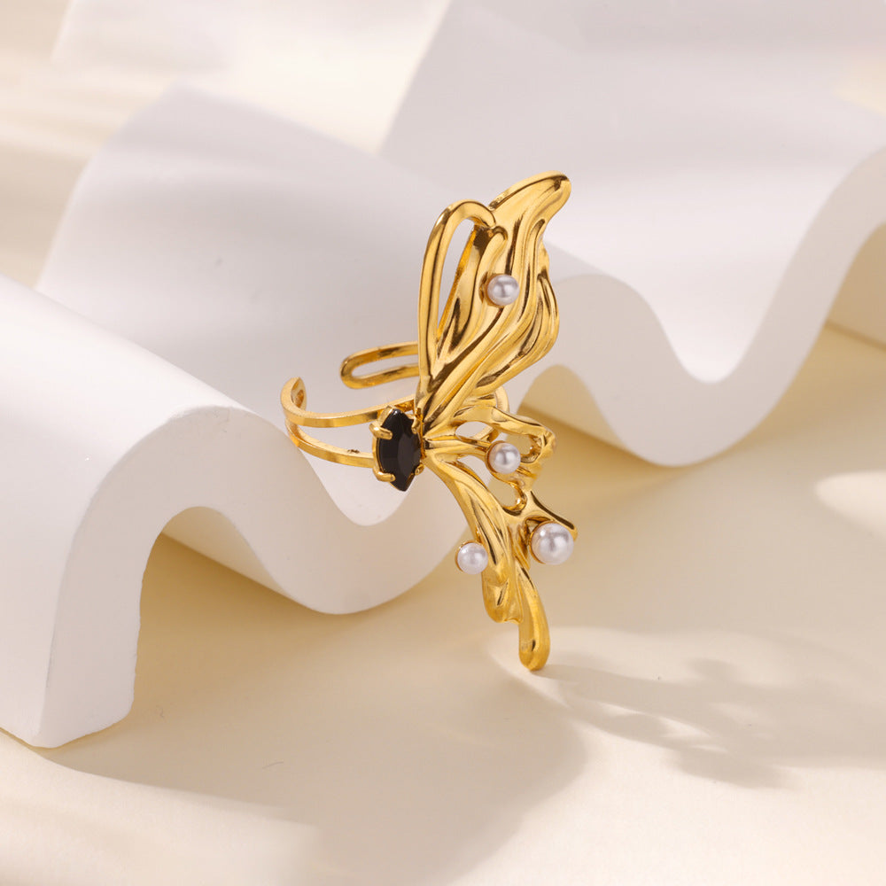 Majestic Stylized Butterfly Pearl Statement Stone Ring