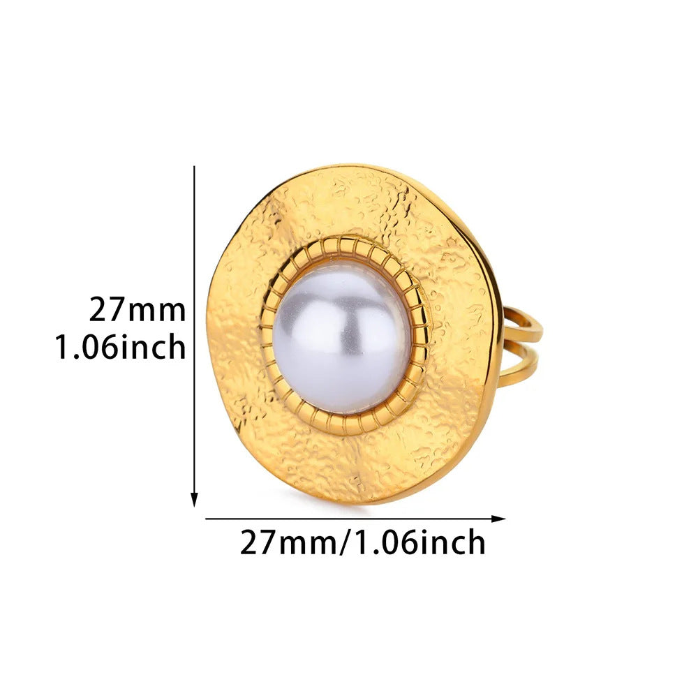 Artisanal Hammered Disc & Pearl Statement Ring