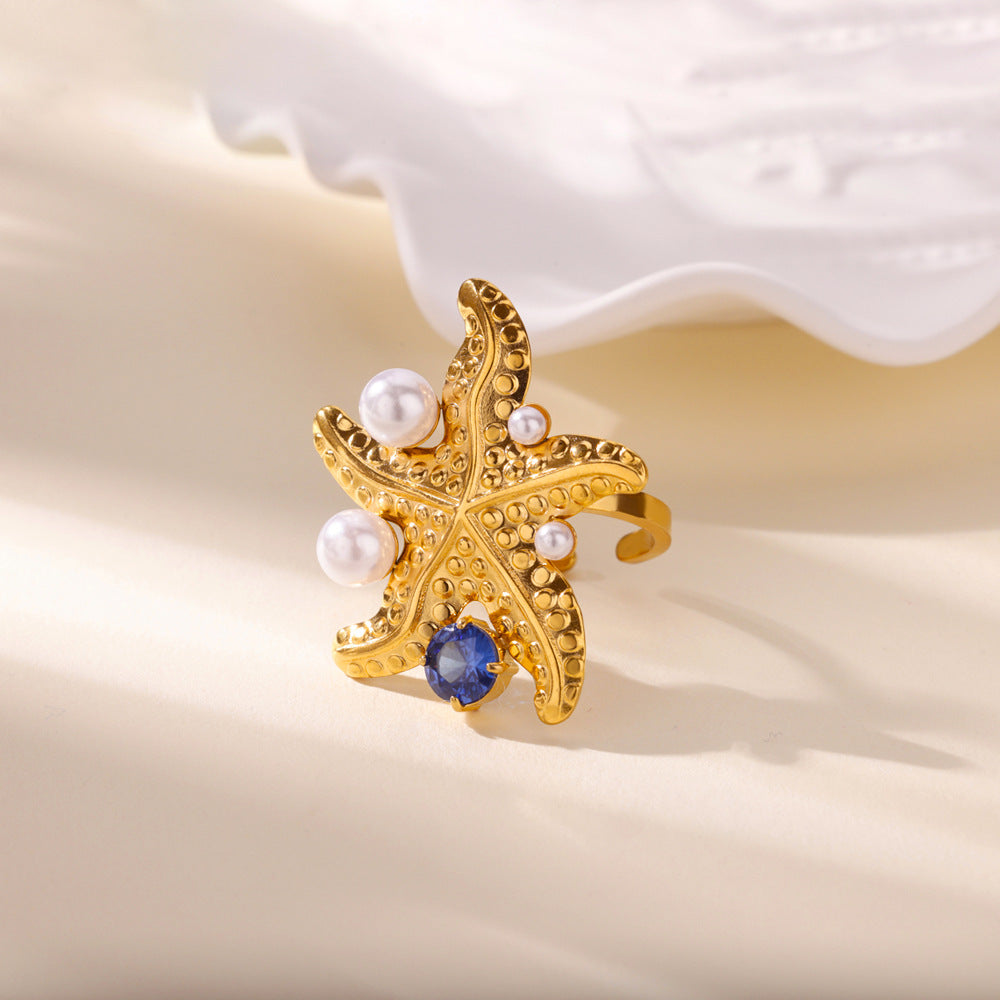 Glamorous Pearl & Gem Stone Starfish Cocktail Pearl Ring