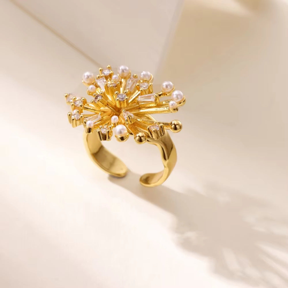 Opulent Sputnik & Pave Burst Cocktail Diamond Pearl Gold Ring