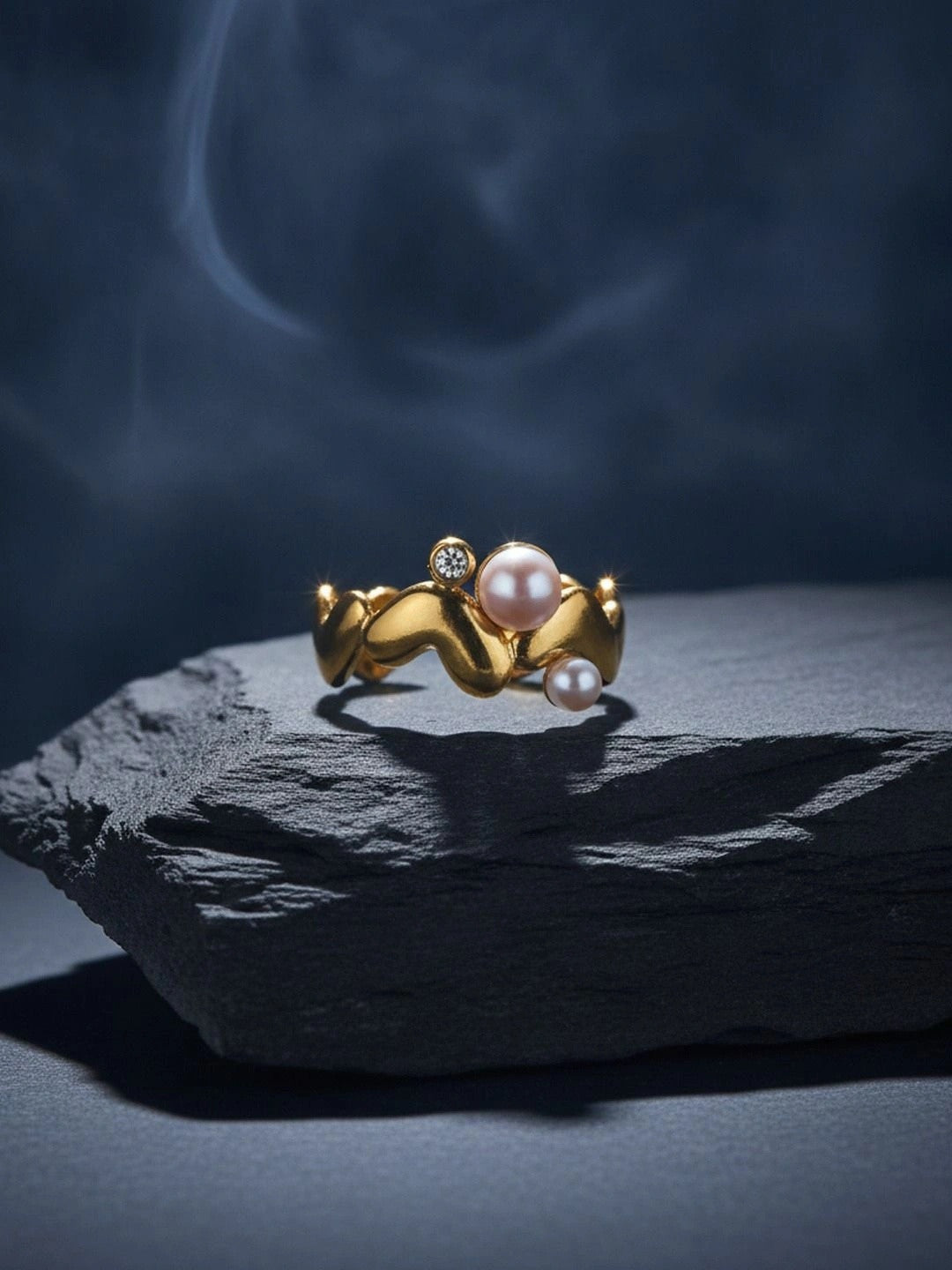 Wavy Heart Shape Dual Pearl Accents Adjustable Ring