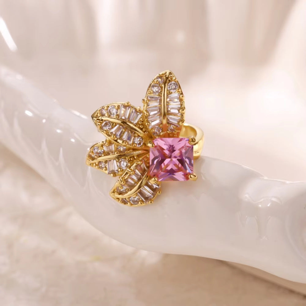 Dazzling Floral Pink Sapphire Gold Plated Diamond Ring