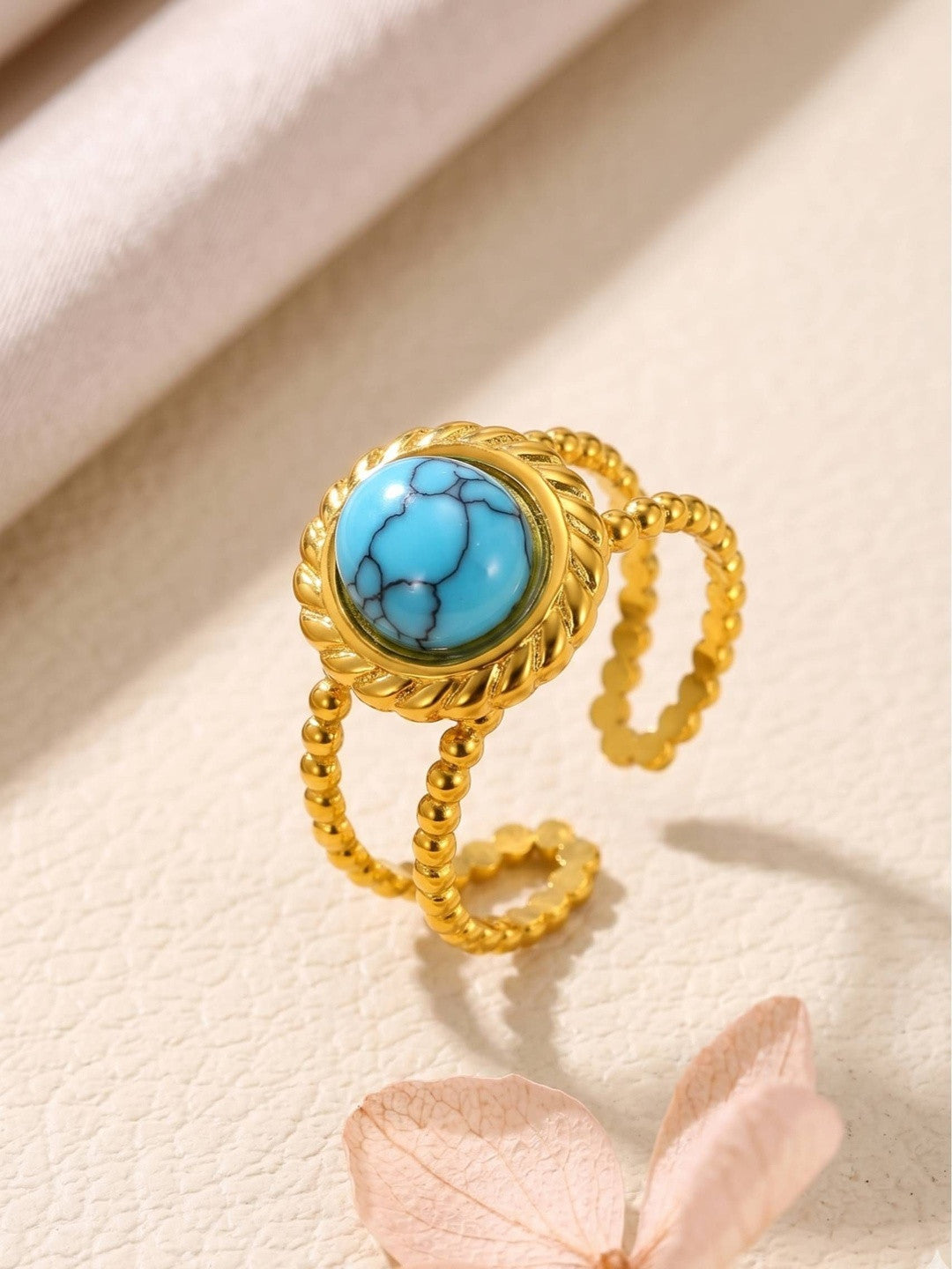 Boho Beaded Oval Turquoise Cabochon Adjustable Ring