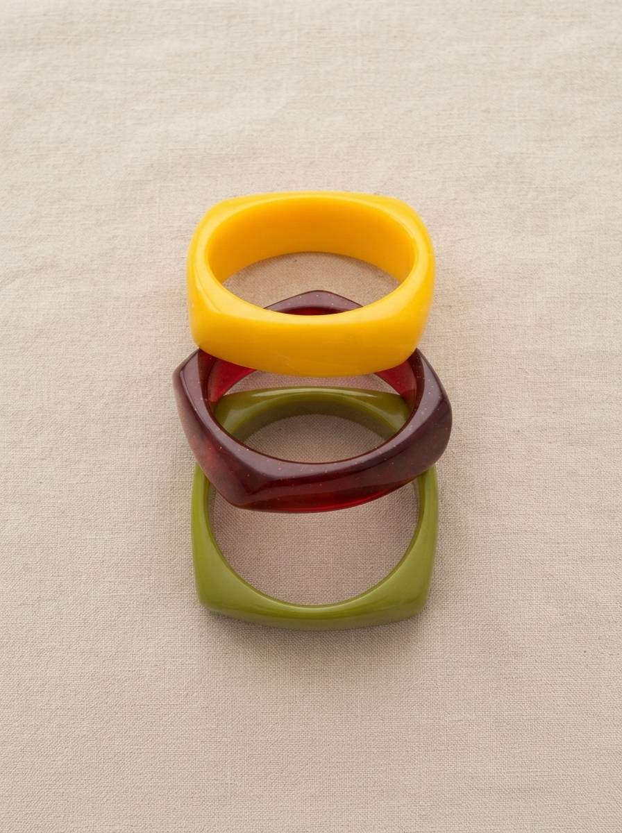 Three resin bangles in yellow, red, and olive green laid flat in a stack on a beige linen fabric