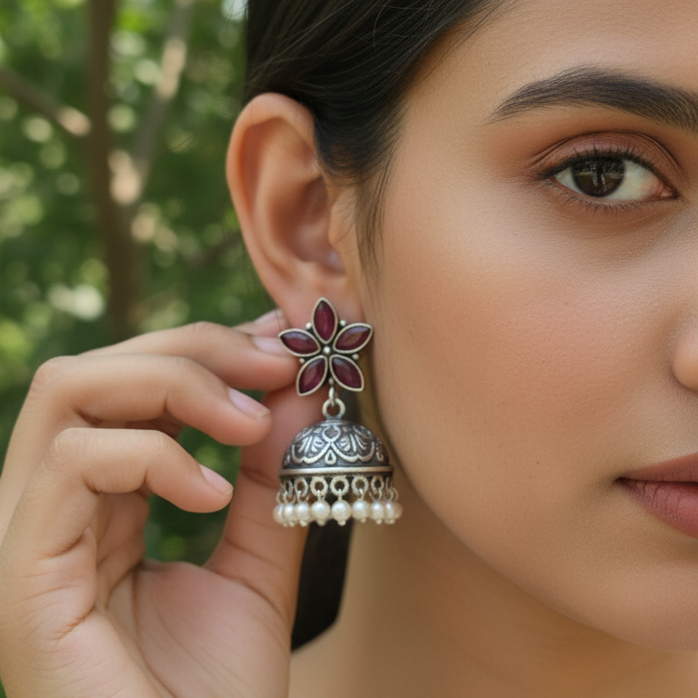 Kanak Embellished Oxidised Jhumka Statement Earrings