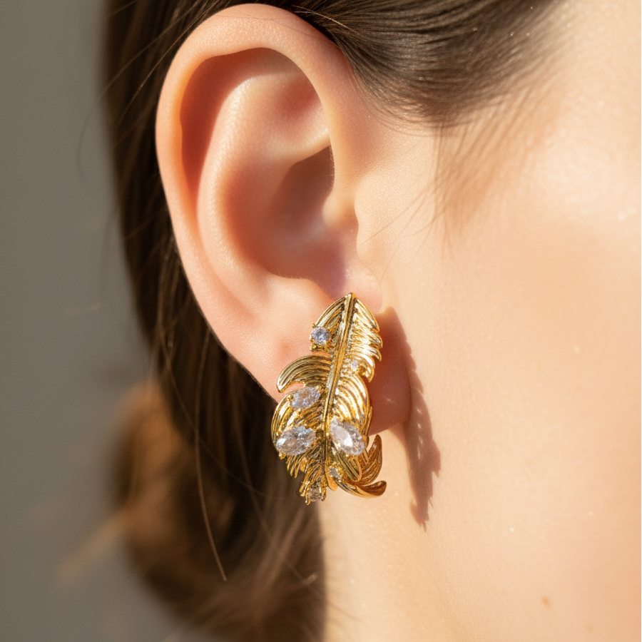 Golden Leaf Crystal Stud Earrings