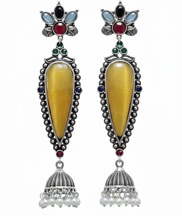 Adhira Embellished Oxidised Jhumka Statement Earrings