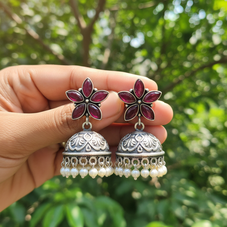 Kanak Embellished Oxidised Jhumka Statement Earrings