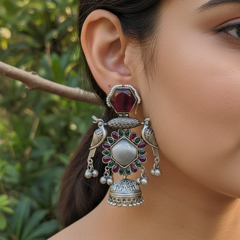 Kiara Embellished Oxidised Jhumka Statement Earrings