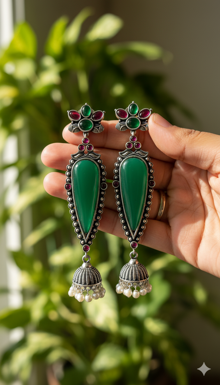Adhira Embellished Oxidised Jhumka Statement Earrings