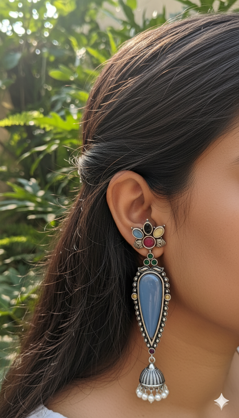 Adhira Embellished Oxidised Jhumka Statement Earrings