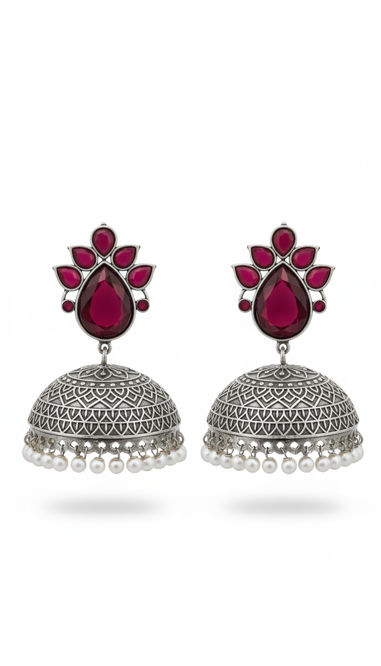 Adhitri Embellished Oxidised Jhumka Statement Earrings