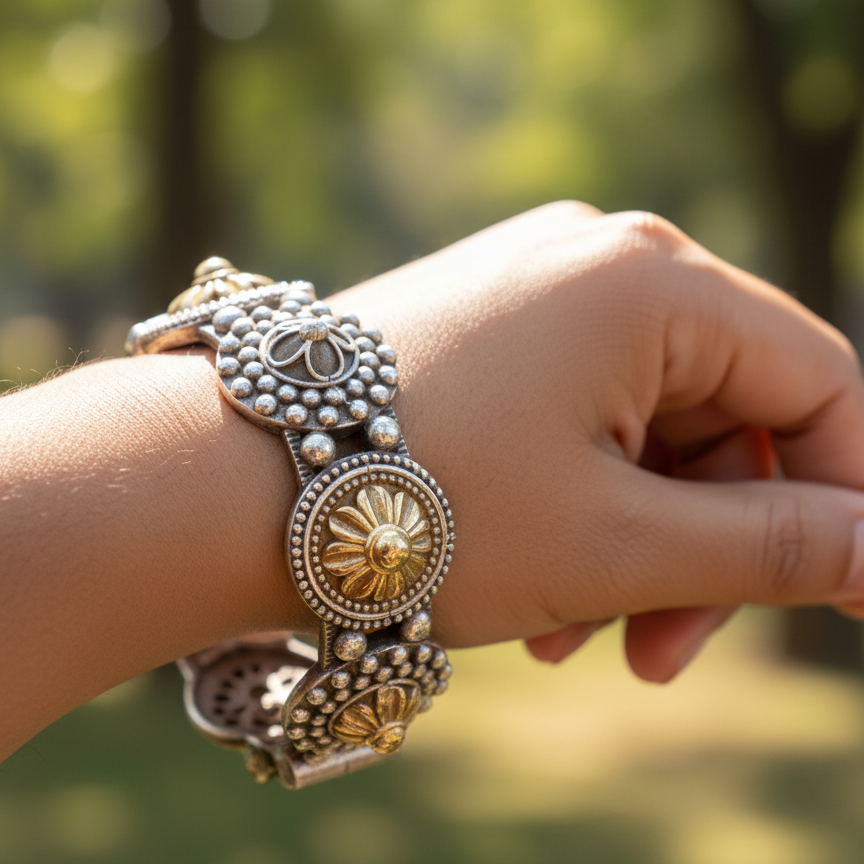 Decorative silver and gold bracelet on a wrist with a blurred natural background