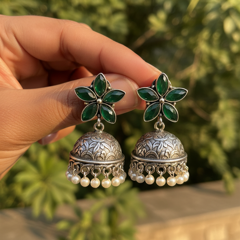 Kanak Embellished Oxidised Jhumka Statement Earrings