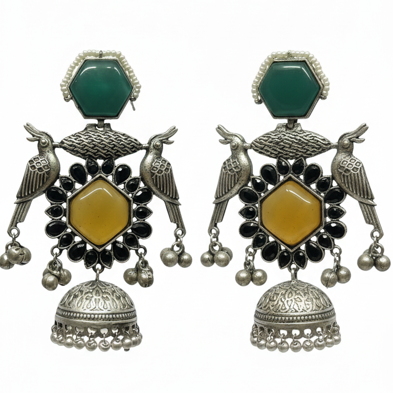 Kiara Embellished Oxidised Jhumka Statement Earrings