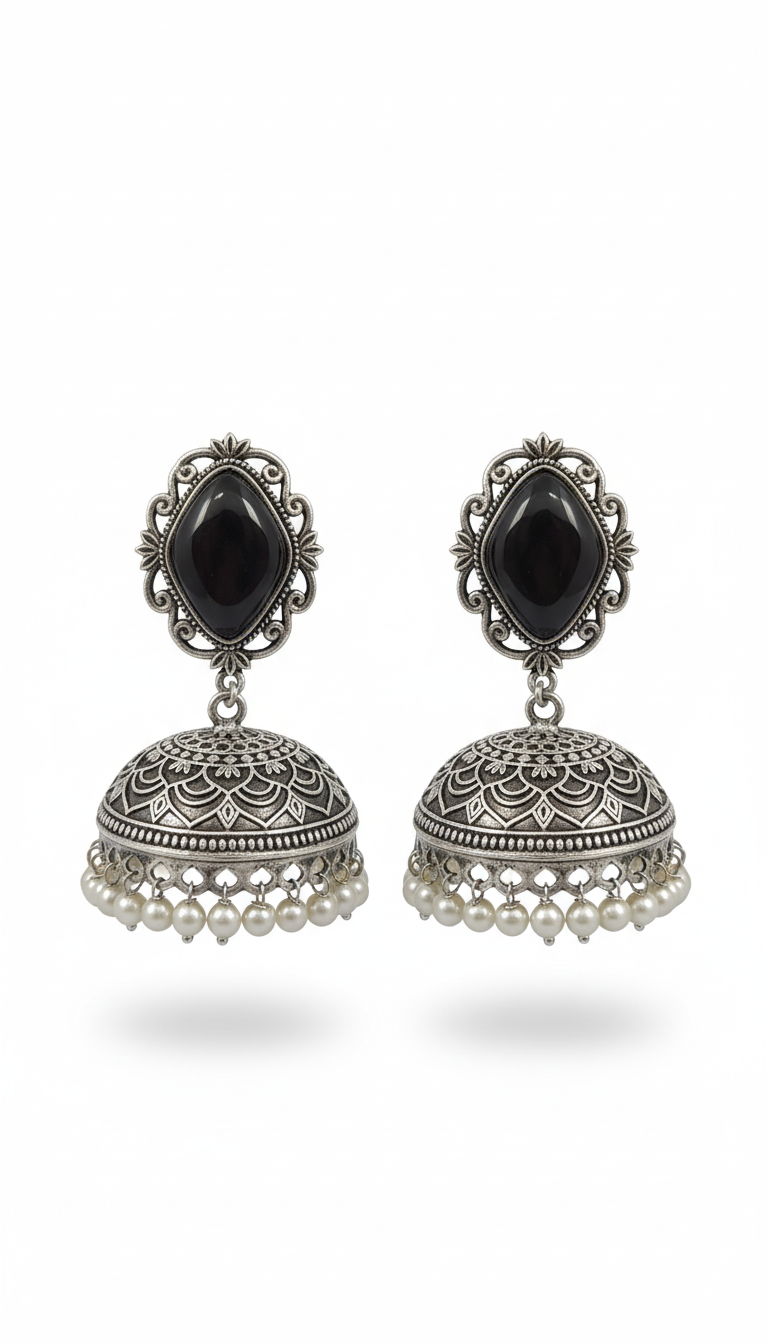 Prerna Embellished Oxidised Jhumka Statement Earrings