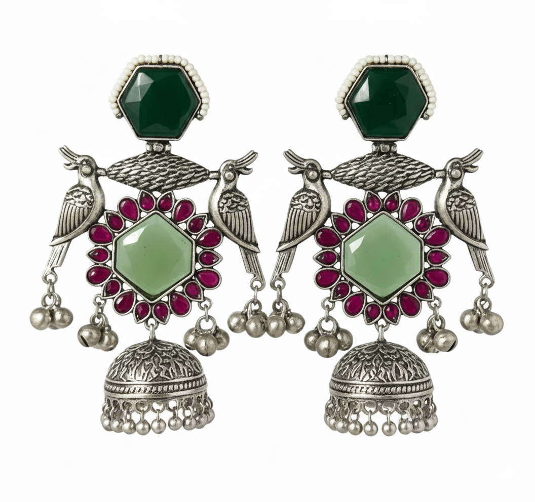 Kiara Embellished Oxidised Jhumka Statement Earrings