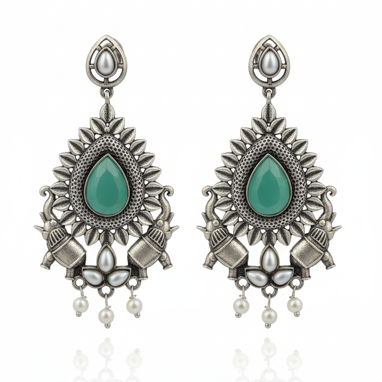 Pankhi Embellished Oxidised Jhumka Statement Earrings